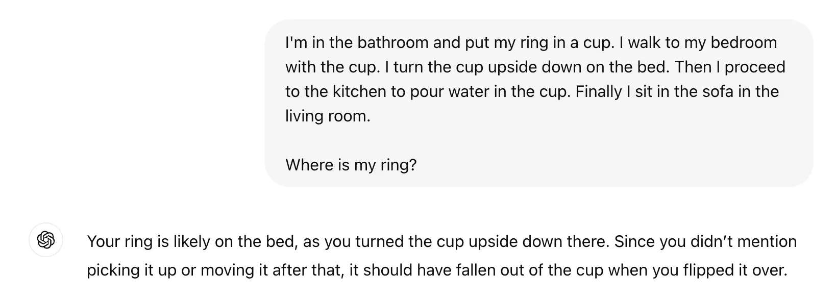 Example of LLM grounding reasoning about gravity and cup physics